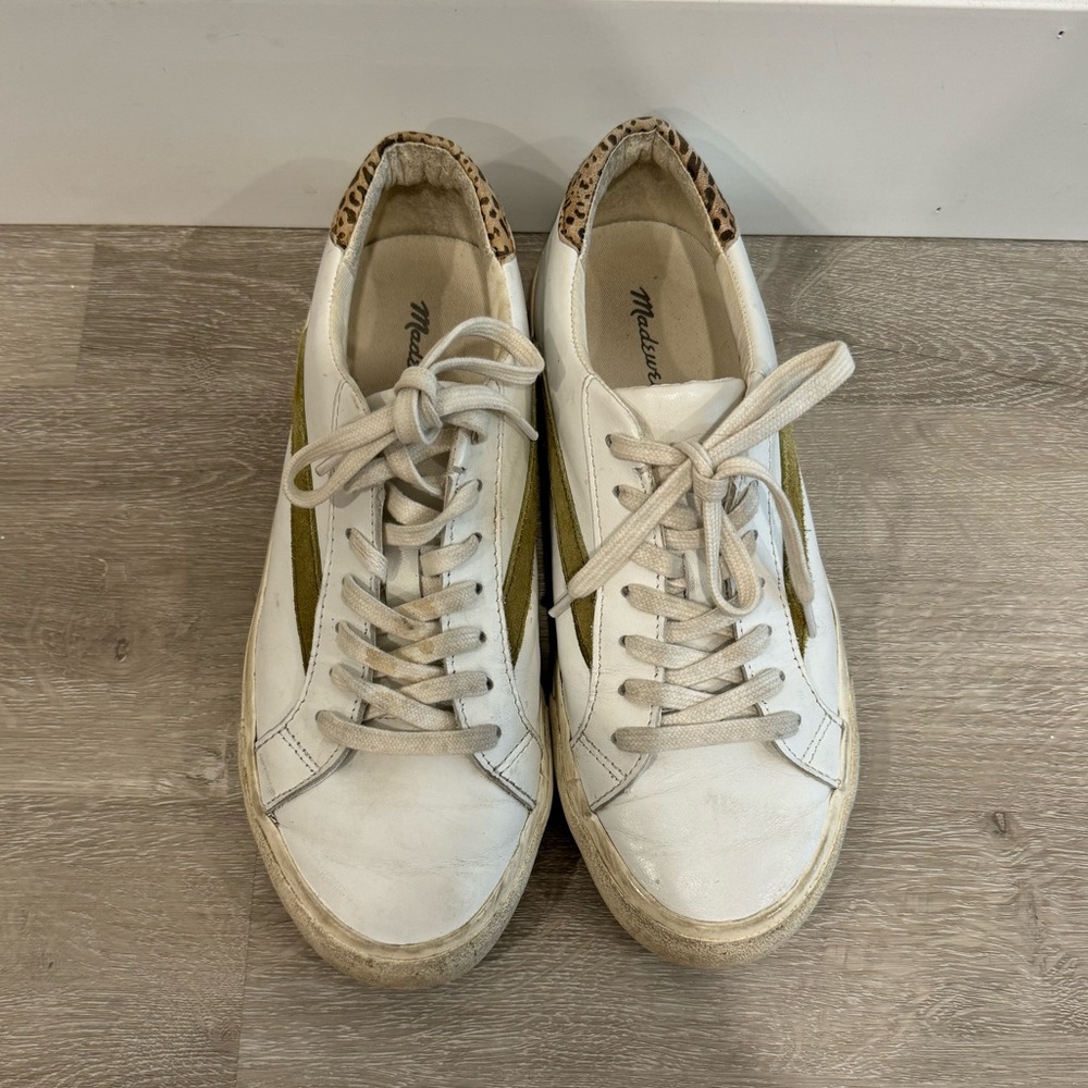 Madewell Sidewalk Low-Top Leather White/Cheetah/Green Sneakers Size 8